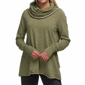 FREE PEOPLE Beach Cotton Cocoon Cowl Neck Pullover Top Olive Green Petite ECU